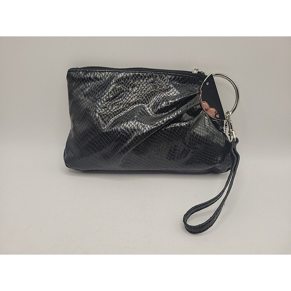 Black Faux Leather Snakeskin-Print Silver-tone Frame Wristlet Clutch